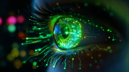 Futuristic close-up of a human eye with glowing green digital elements symbolizing AI, cyber vision, and advanced technology