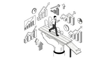 A businessman walks on a plank supported by a giant hand, surrounded by various isometric business charts and graphs, symbolizing support and progress in data-driven growth.