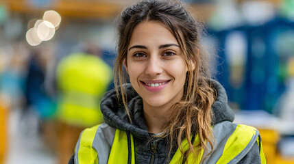 smiling female factory worker looking at the camera with pride, standing near machinery in a bright industrial setting, representing hardworking staff, professional attitude, and manufacturing