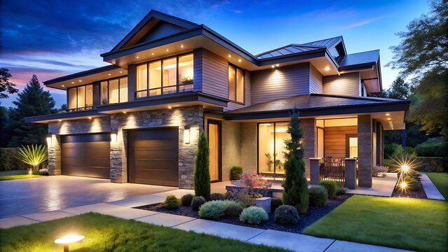 Luxury modern home exterior at dusk with warm interior lights