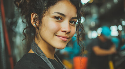 confident hispanic woman in factory uniform smiling at the camera, surrounded by production equipment, showcasing industrial labor, workplace energy, skilled work, and modern manufacturing atmosphere