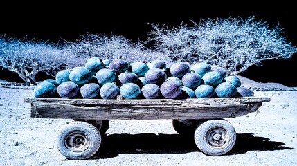 Traditional produce cart with pomegranates set against desert orchard trees in bloom 