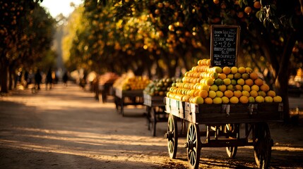 Traditional farm cart stacked with oranges near an orange grove with dappled sunlight and rustic fence 