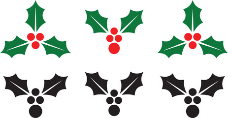 Holly sprig vector icons green leaves, red berries, and monochrome options. Ideal for festive winter holiday designs