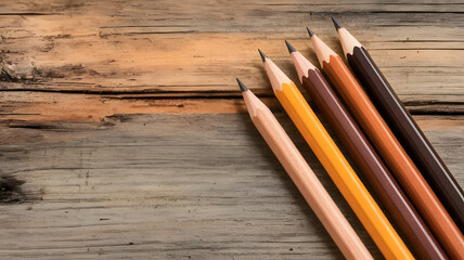 Fototapeta premium Six Wooden Pencils Arranged on Rustic Light Brown Wood Surface Top View