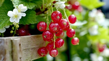 Traditional wooden wagon with red currants and green leaves in a quiet summer orchard 