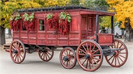 Traditional wooden wagon with red currants and green leaves in a quiet summer orchard 