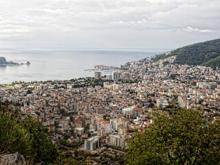 View of the city of Budva on the Adriatic Sea from above. Montenegro