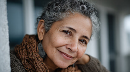 smiling portrait of a hispanic mature woman looking directly at the camera showing natural beauty friendly expression confident presence and peaceful indoor environment with gentle lighting