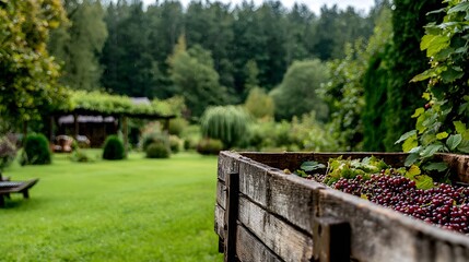 Traditional wooden wagon with red currants and green leaves in a quiet summer orchard 