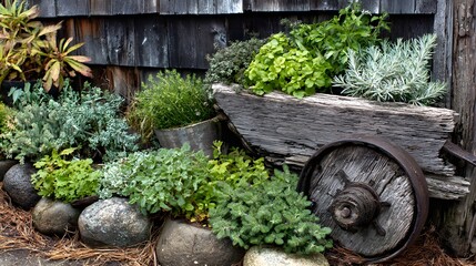 Vintage cart filled with mint, parsley and herbs freshly picked, placed in a greenhouse exit path 