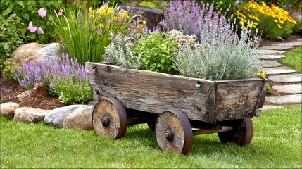 Vintage cart filled with mint, parsley and herbs freshly picked, placed in a greenhouse exit path 