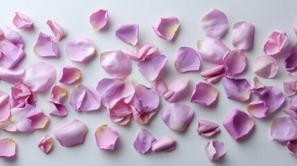 Obraz premium Soft pink rose petals scattered on white textured background with gentle edges and ample copy space for delicate floral design or romantic themes