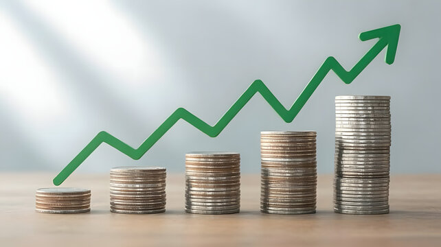 Growth in Finance with Stacked Coins and Rising Arrow Concept