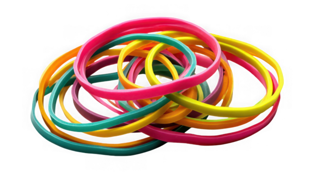 Pile of colorful rubber bands isolated on transparent background, elastic and fun