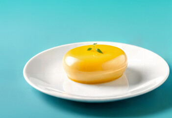 Lemon mousse with mint leaf on a white plate