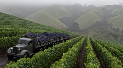 Vintage produce wagon with plums on a misty hillside orchard path 