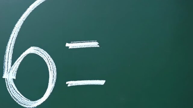 Teacher standing in front of classroom chalkboard with large number 6 7 written on it. Six Seven teens meme trend. 
