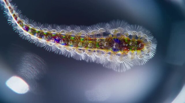 Microscopic close-up of a colorful ciliate protozoan in aquatic environment, detailed vibrant cellular structures visible, scientific video footage