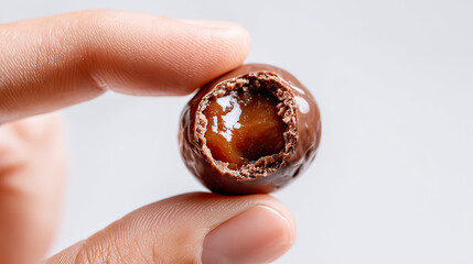 Close-up of Hand Displaying a Caramel-Filled Chocolate Truffle on White Background