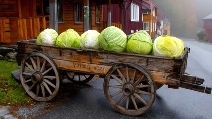 Vintage wooden cart loaded with cabbages placed on the edge of a foggy cabbage field 