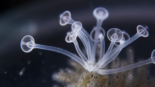 Close-up of translucent hydroid colony polyps under microscope with dark background, marine biology video footage
