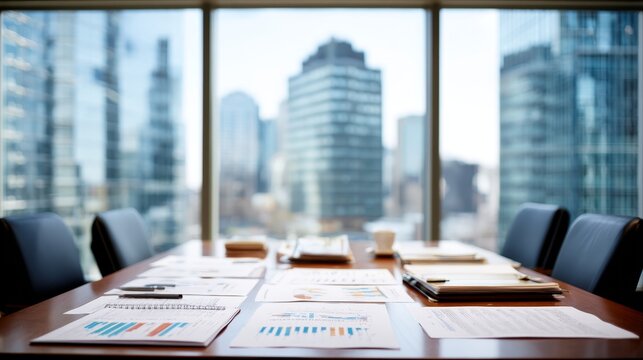 Modern corporate boardroom scene with printed reports, open notebooks, financial graphs, and a cityscape view through large windows on a sunny day