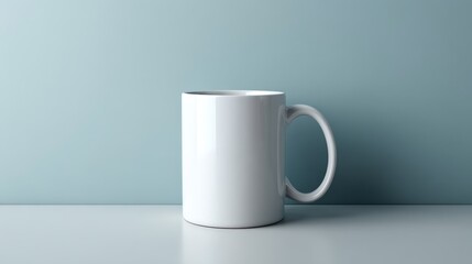 Obraz premium Elegant white ceramic coffee mug centered on reflective surface with subtle shadow and copy space for advertising or branding