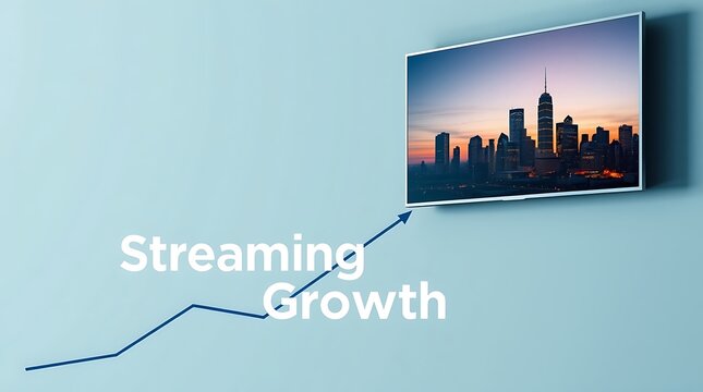Streaming growth concept with a television displaying a city skyline and a rising graph television