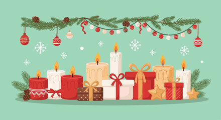 Warm festive candles glow amidst beautiful Christmas gifts and pine garland, creating a cozy holiday celebration ambiance