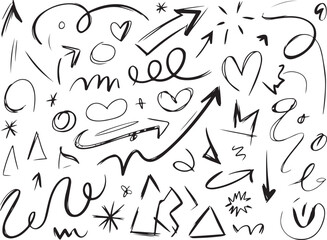 Highlight hand drawn oval frames, arrows, lines. Handdrawn marker underlines scribble doodle circle set. Ovals and ellipses line template. Stock vector illustration isolated on white background