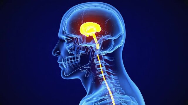 Human brain and spinal cord glowing brightly within a translucent skull and spine, illustrating neurological function and advanced medical science.