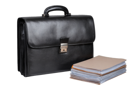 Black Leather Briefcase and Paper Stack isolated on a transparent background