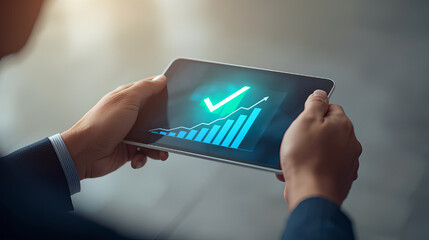 Businessman holding digital tablet showing world map and graph