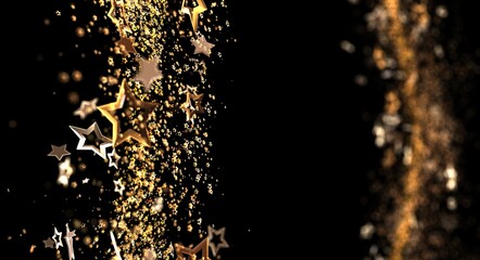 Elegant abstract background with glittering golden stars falling against a black backdrop. Perfect for holiday, event, or fe