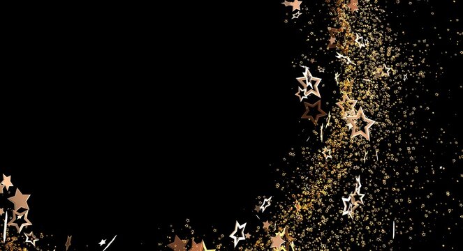 Stunning abstract image features floating golden stars and confetti against a black background. Perfect for celebrations, ho