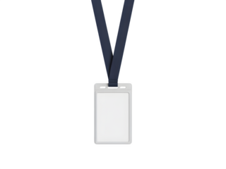 Blank identification badge with a dark blue lanyard, isolated on transparent background