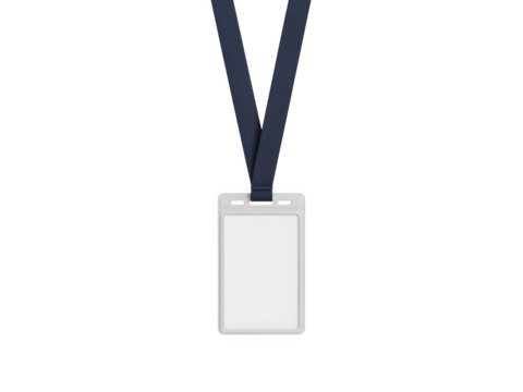 Blank identification badge with a dark blue lanyard, isolated on transparent background