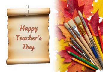 Happy teachers day scroll art supplies autumn leaves isolated on transparent background