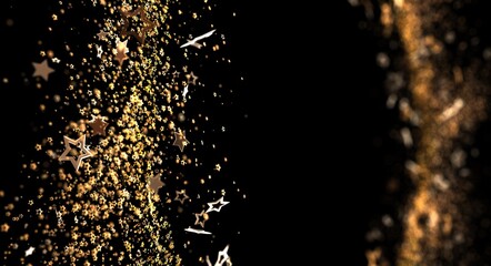 Festive golden stars and light bokeh particles against a dark backdrop create a magical atmosphere perfect for holiday desig