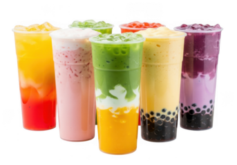 Vibrant assortment of refreshing bubble tea drinks arranged artfully for visual appeal transparent background