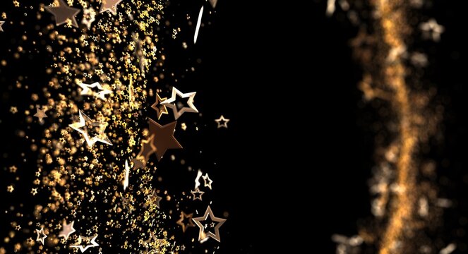 Abstract background featuring shining golden stars and particles against a dark backdrop. Ideal for festive occasions, holid