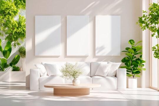Minimalist living room interior with blank wall space ready for art display