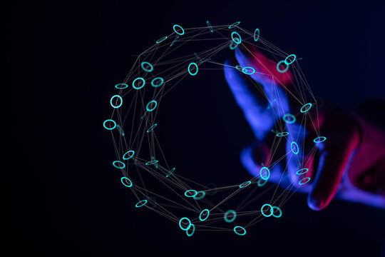 Abstract futuristic image of hand interacting with a glowing network structure, representing connectivity and digital technology. Gre - Powered by Adobe