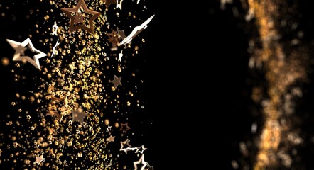 Abstract golden star burst effect on black background. Ideal for celebratory events, holiday designs, and party invitations.