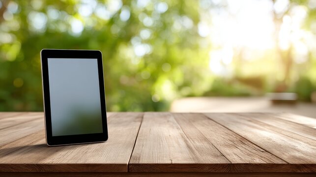 Modern digital device with blank screen resting on a rustic wooden table against a blurred lush green outdoor background, ideal for technology and outdoor work concepts