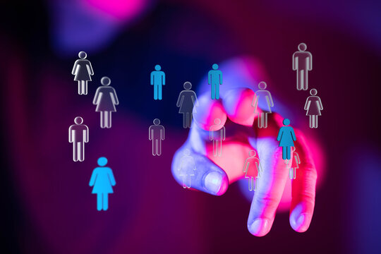 Abstract conceptual image depicting digital network, with hand touching a futuristic interface. Connection, tec