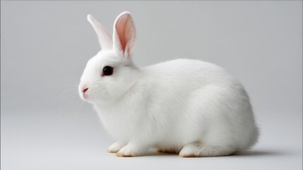 Obraz premium Full sideprofile of a fluffy white rabbit figure with natural pose on seamless white background, ideal for animal decor, spring themes, or cute collectibles with copy space on the left