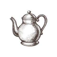 Vintage vector illustration of a teapot in ink line art style. Perfect for tea packaging, kitchen prints, cafe logos, and cozy cottagecore designs.