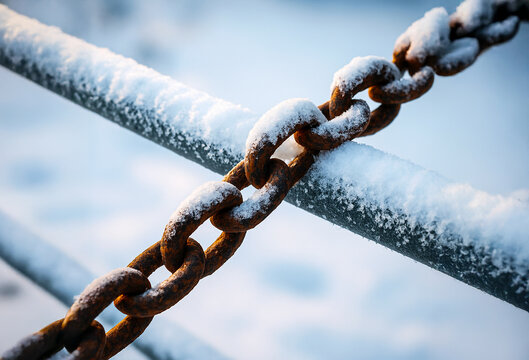 Rusty metal chain covered with snow and frost in winter. Close-up of frozen links showing cold weather, ice buildup and seasonal outdoor conditions. - Powered by Adobe